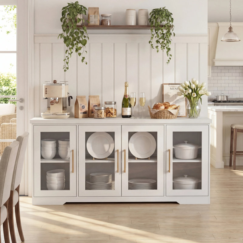 Buffet moderne de 66 po avec portes en verre et tablettes réglables, Blanc