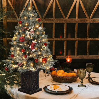 Arbre de Noël enneigé avec flocons de neige pré-éclairés, petit arbre de Noël artificiel avec base de wapiti et 78 lumières à DEL, 8 lumières articulées, arbre de Noël articulé, décorations de Noël pour le bureau à domicile