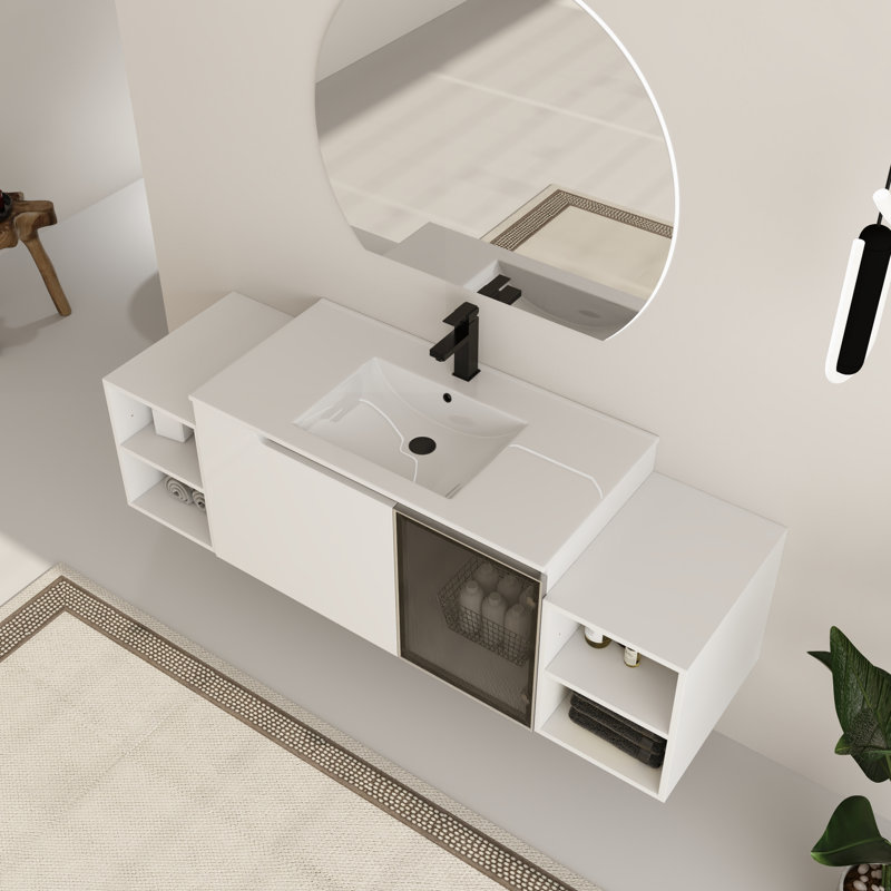 Meuble-lavabo mural simple 59 po avec plateau en céramique Myria, 60", 1