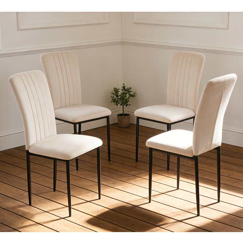 Beige Velvet Dining Chairs With Long Back, Set Of 4, Beige