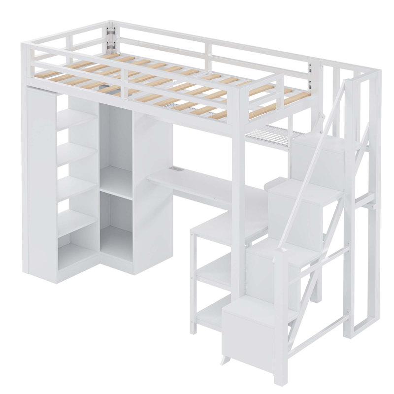 Lit mezzanine en métal avec bureau, ports USB, tablette à 5 couches, garde-robe et escalier, Lit simple