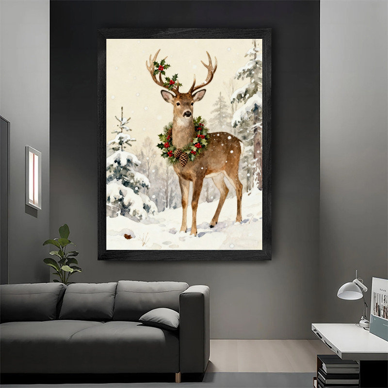 Aquarelle encadrée noire, cerf de Noël avec couronne de houx, reproduction d'art encadrée de style forêt enneigée