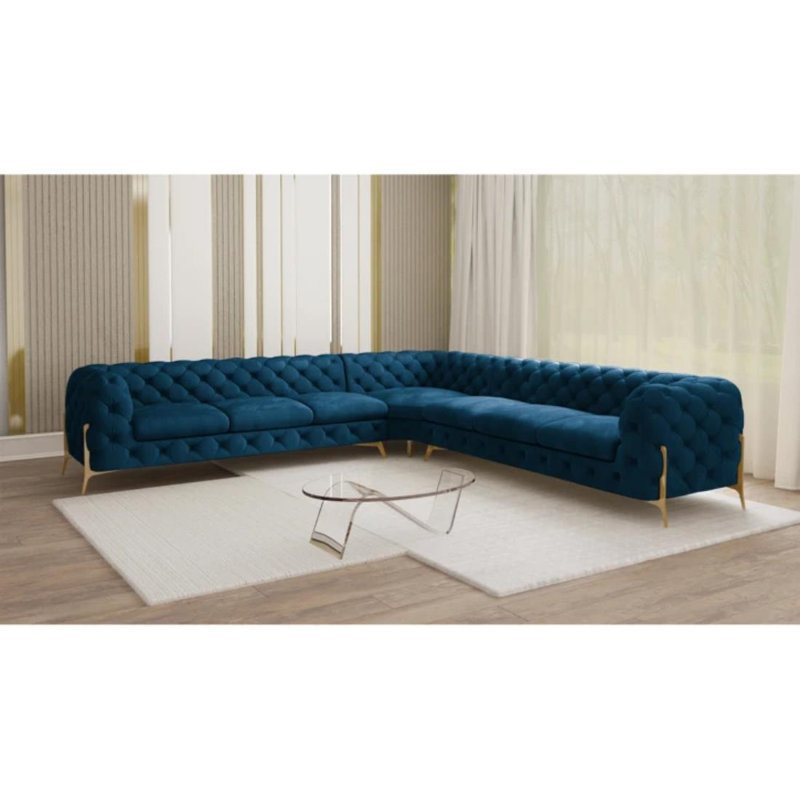 L-shape Corner Chesterfield Sofa  with Gold Metal Legs, Navy Blue