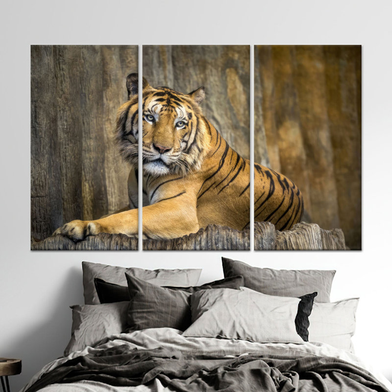 Impression sur toile: Tigre majestueux en verre trempé, toile tendue 3P, H: 35,4 po x l: 70,9 po