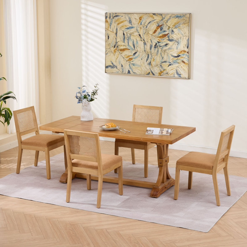 Ensemble de 2 chaises de salle à manger en rotin, style ferme moderne du milieu du siècle, structure en bois massif, dossier en canne, coussin en lin et mousse à ressorts en S