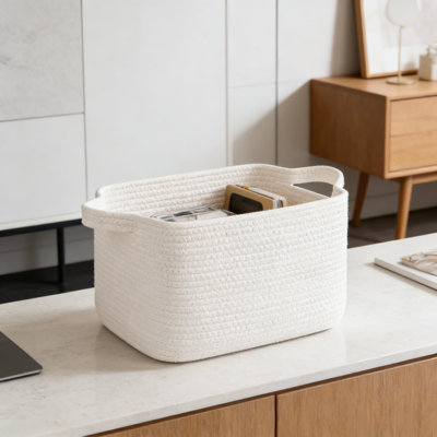 Woven Storage Basket With Handles, Foldable Cotton Rope Organizer Bin For Shelves, Dog Toys, Towels, Books, And Home Decor