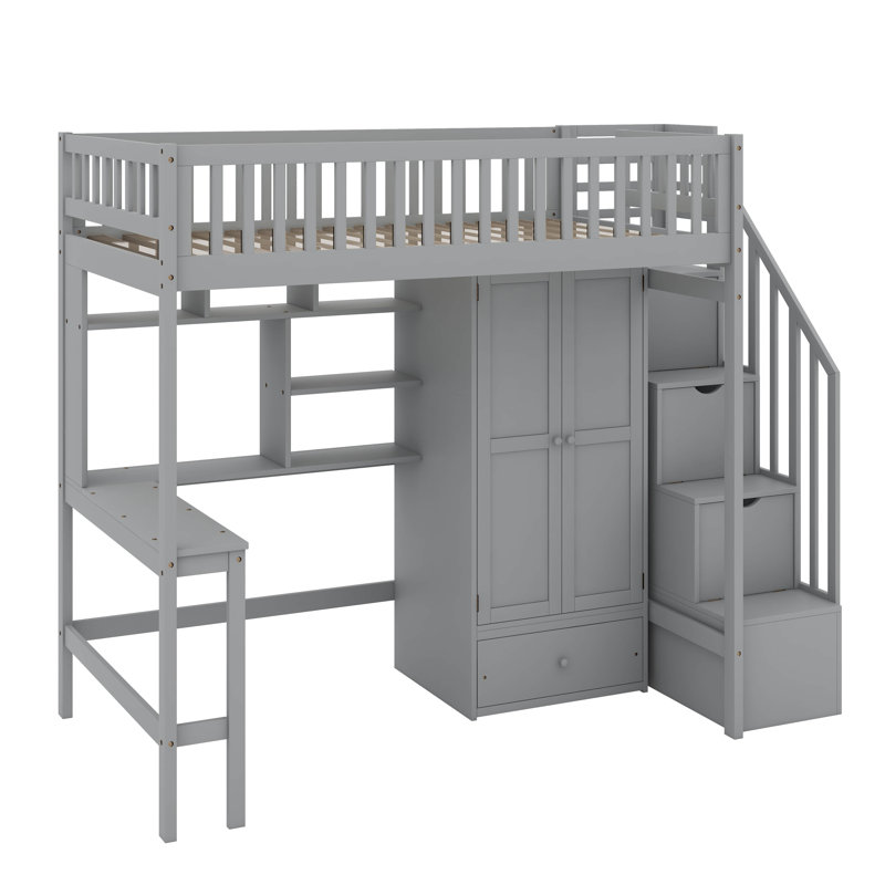 Lit mezzanine simple avec bibliothèque, tiroirs, bureau et garde-robe, Gris