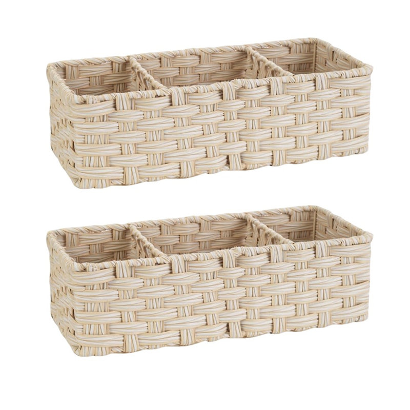 Ensemble de 2 paniers de rangement en osier à 3 sections, plateau de toilette imperméable et divisé pour l'organisation des tablettes de salle de bain