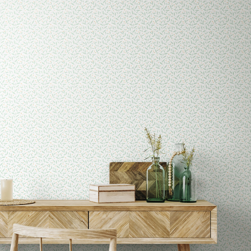 Dotty Vine - Stone 10m Wallpaper, Light Blue Dots