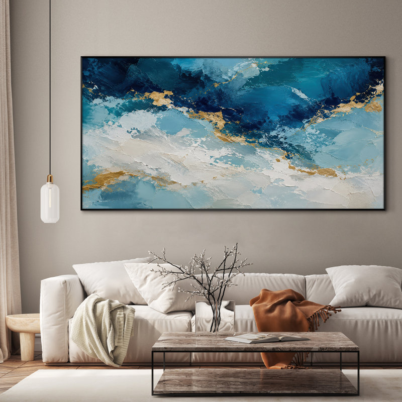 Très grand art mural imprimé sur tissu - Abstrait bleu océan, accents dorés, décor de salon contemporain - «Assemblage requis du cadre (cadre non fini)»