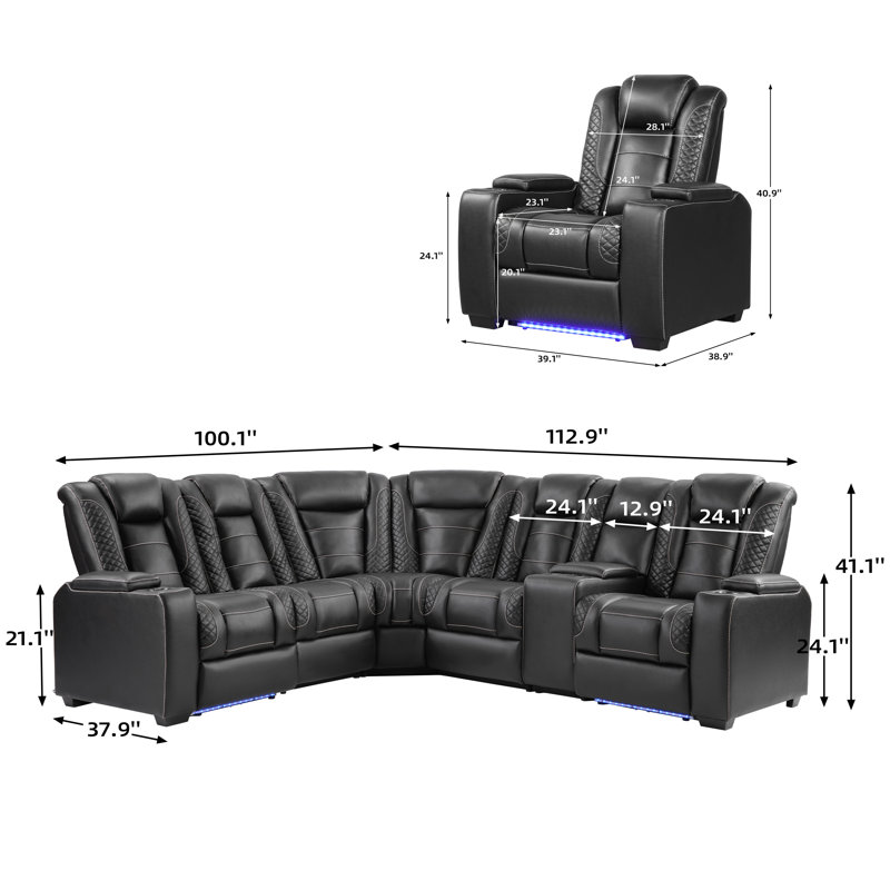 Modern Faux Leather Power Reclining Sectional Sofa & Recliner Chair Set With Led Lighting And Cup Holders