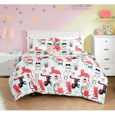 Cartoon Cats Microfiber Comforter Set w/Cat Throw Pillow