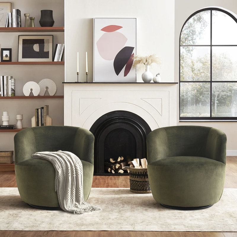 Anneros Upholstered Small Swivel Barrel Chair (Set of 2), Green Velvet