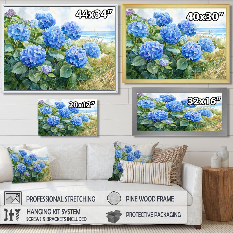 Hydrangeas In The Coastal Garden I - Hydrangea, reproduction sur toile encadrée, H 28 po x l 60 po, Toile tendue