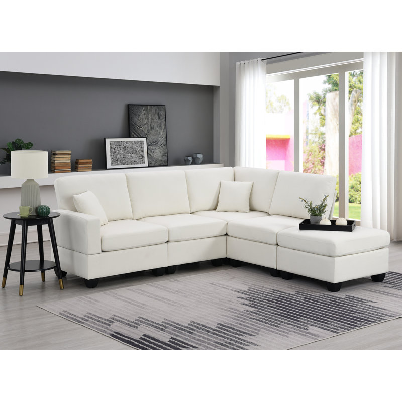 Upholstered Sectional Right Hand Facing, Beige 100% Linen