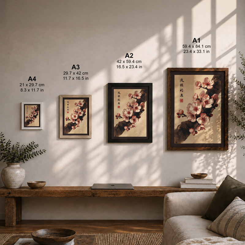 Spring Blossom Branch Japandi - Framed Print, Oak, A4 - 29.7 x 21.0 cm