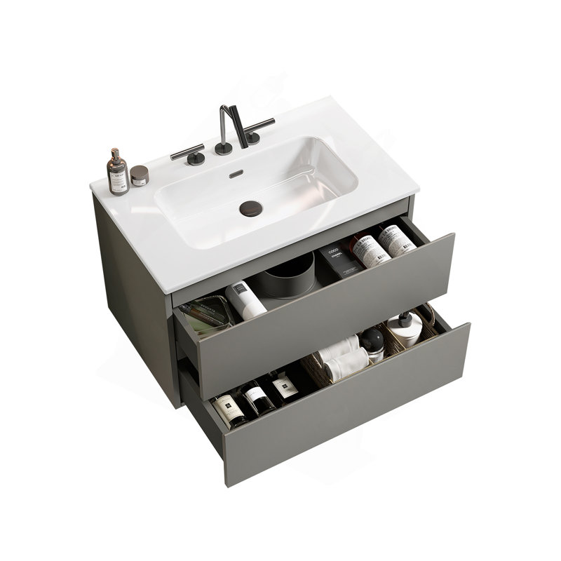 Meuble-lavabo mural de 30 po avec lavabo en céramique et trois trous de robinet, grand meuble-lavabo flottant avec rangement pour salle de bain moderne, pré-assemblé