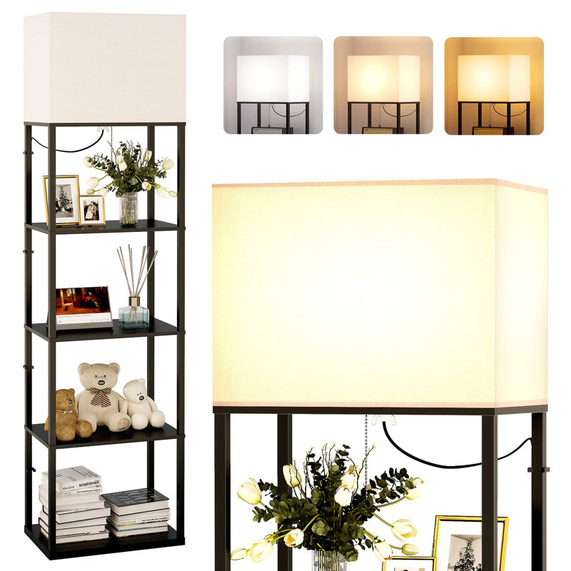 Floor Lamp With Shelves Super Large Size (19''W), 5-Tier Modern Floor Lamp With 3 Color Temperatures LED Bulb, Display Shelf Lamp - Black