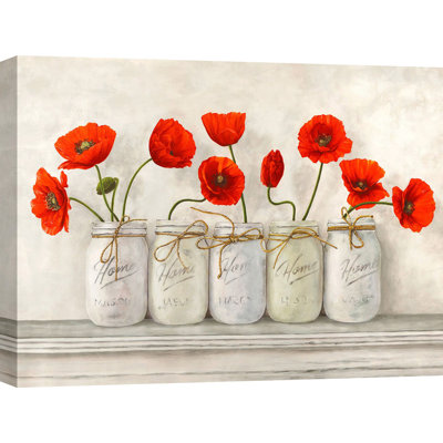 Red Poppies In Mason Jars by Jenny Thomlinson - Wrapped Canvas Painting