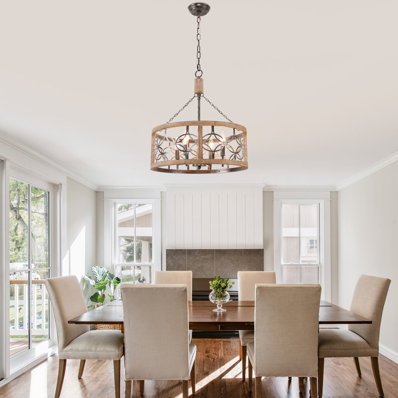 Ambrose 19.7" 4-Light Solide Wood Drum Cgaed Chandelier for Kitchen Island, Adjustable Pnendat Light, Weathered Wood