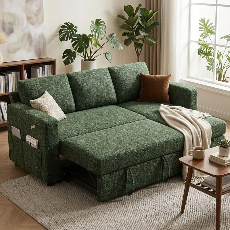 Canapé-lit d'angle en forme de U de 105 pouces avec lit gigogne et méridienne de rangement, chenille, U-shape, Green