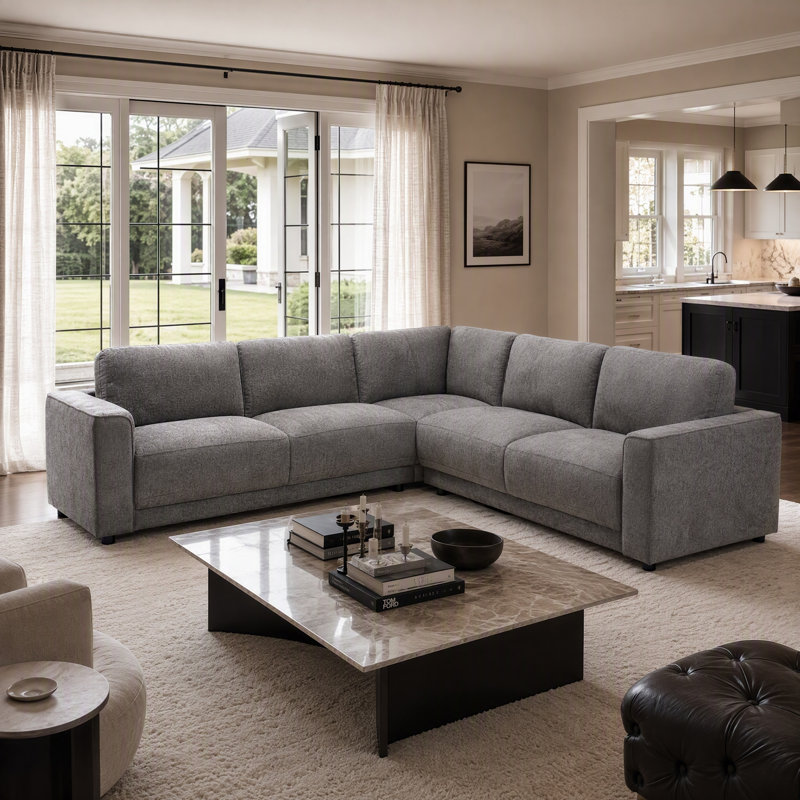 Canapé modulaire 3 pièces d'angle rembourré symétrique, Chenille gris foncé