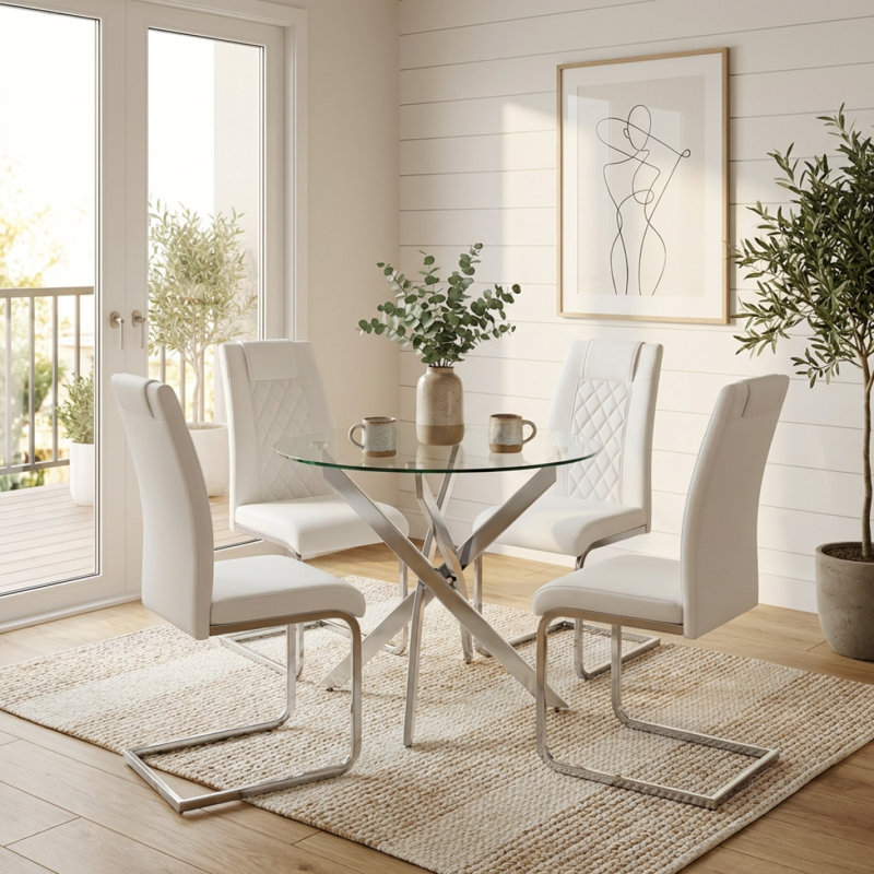 Ensemble de table de salle à manger ronde en verre pour 4 personnes, table de salle à manger en verre de 35,5 po avec pieds argentés, table de cuisine moderne pour la maison (table argentée et chaises blanches)