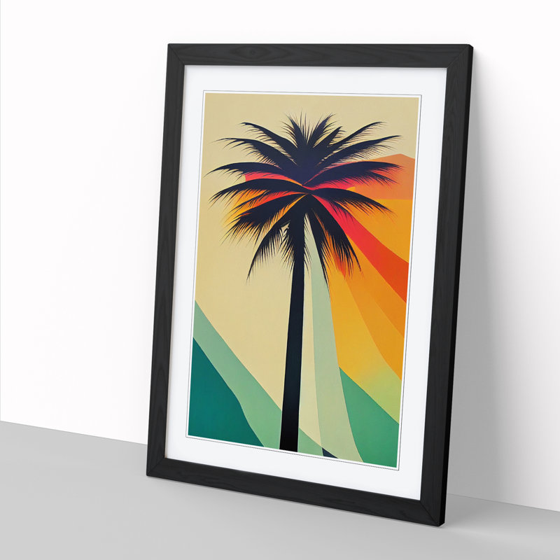 Palm Tree Retro - Single Picture Frame Print, Black, 64cm H x 46cm W x 2cm D
