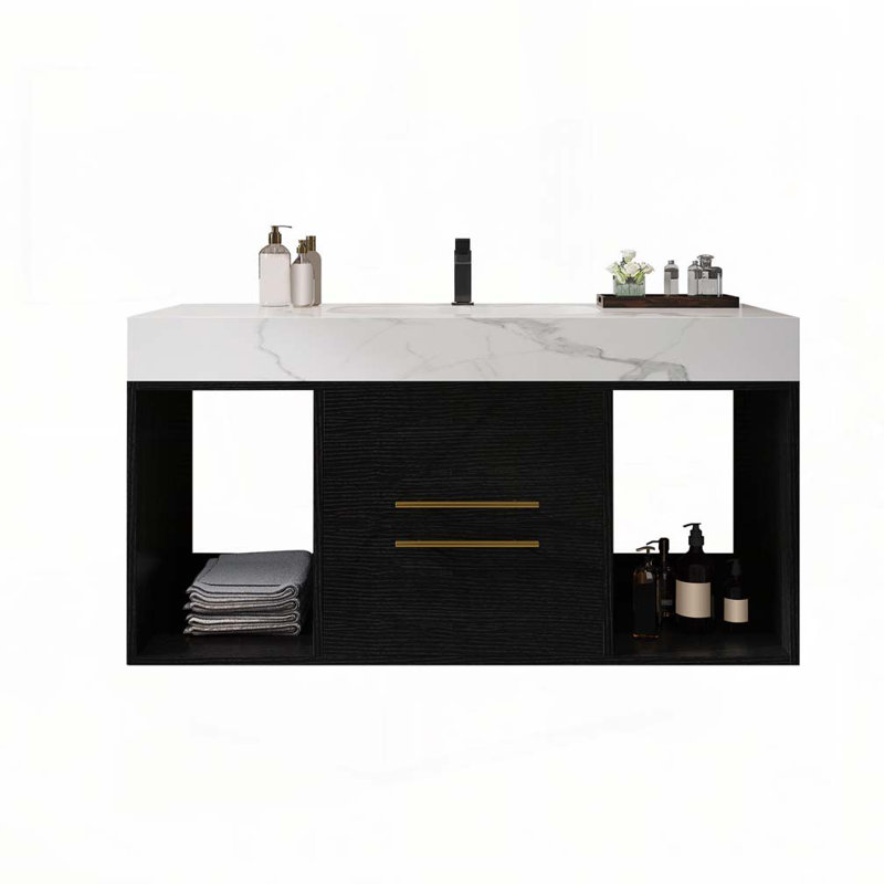 Meuble-lavabo flottant 39,4 po avec lavabo en céramique, 2 tiroirs muraux à fermeture en douceur et plateau en ardoise blanche
