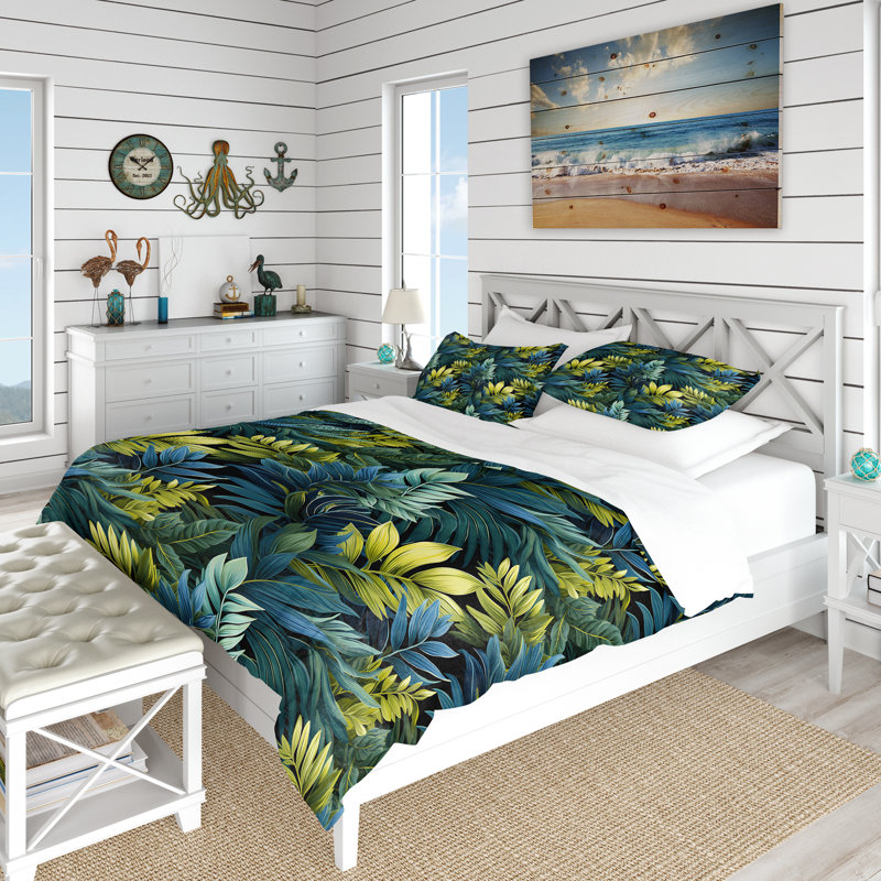 Literie à motif tropical azur et auvent vert IV, Housse de couette pour très grand lit et 2 très