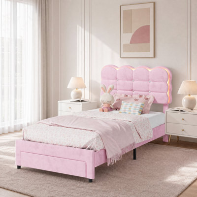 Modern Style Twin Size Velvet Upholstered Bed Frame with LED Lights, Twin Bed Frame with Storage Drawer & Adjustable Headboard, No Box Spring Needed