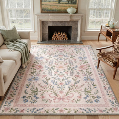 Vintage Floral Bow Machine Washable Ivory Pink Area Rug with Botanical Border & Non-Slip Backing
