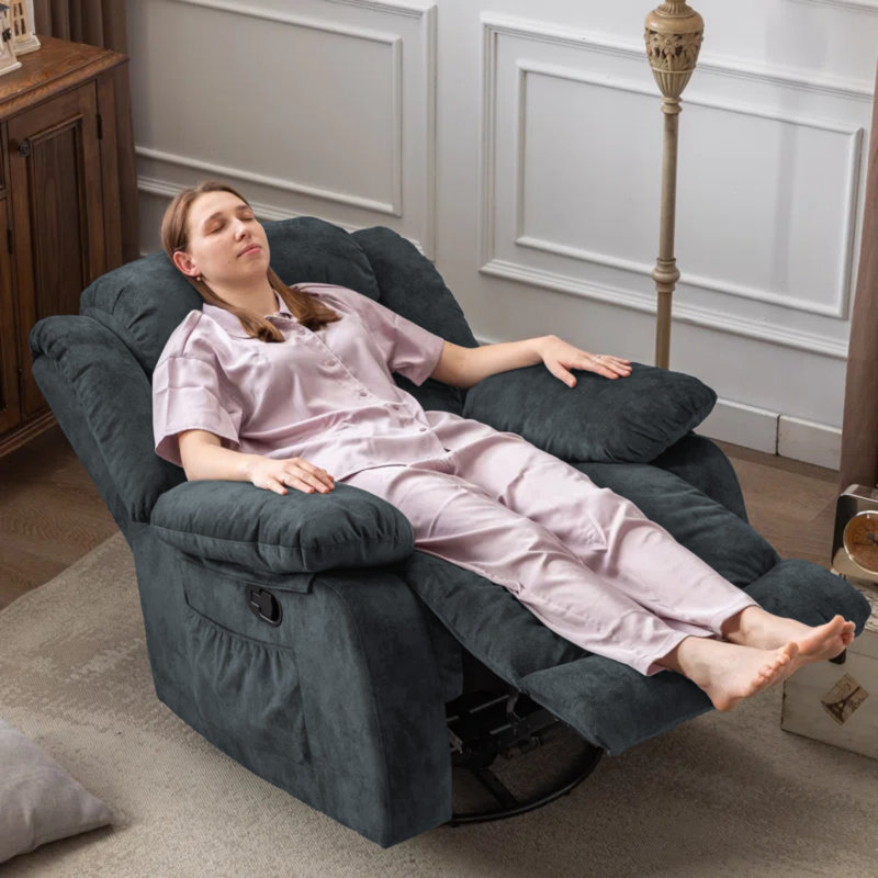 37.4" Wide Contemporary Compact Microfiber Swivel Rocker Manual Recliner Chair with Heat and Massage, Midnight Forest