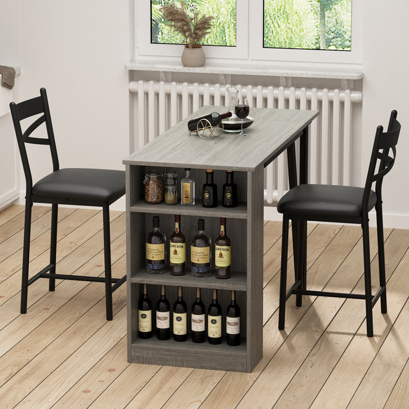 Ensemble de table de bar 3 pièces à hauteur de comptoir pour pub de cuisine, 2 chaises rembourrées et 3 tablettes à 3 niveaux
