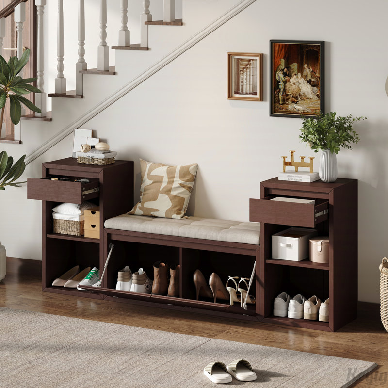 All-in-One Entryway Storage Bench with Cushion, Compartments, Drawers & Open Shelves, Storage Bench for Hallway, Mudroom, Living Room
