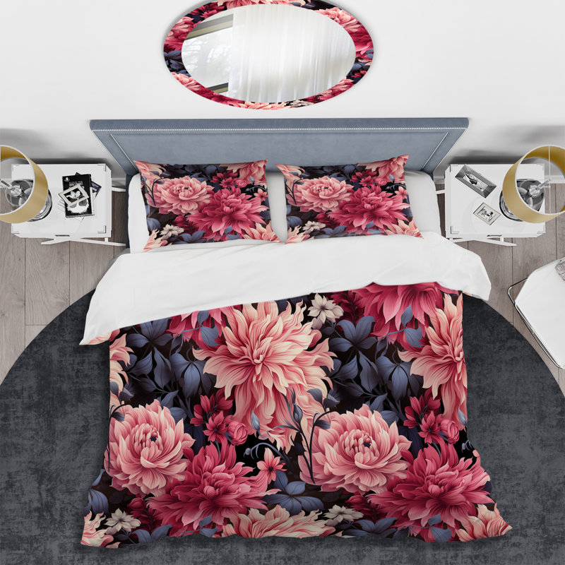 Ensemble de housse de couette à motif floral damassé rose, Housse de couette pour grand lit et 2 taies décor