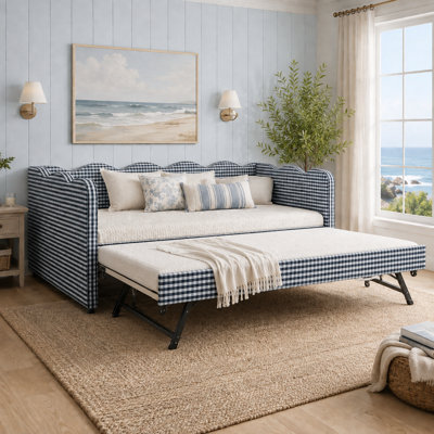 Full Size Upholstered Daybed with Twin Trundle, Plaid Wave Edge Design, Built-in USB Charging Port Soft Rounded Corners