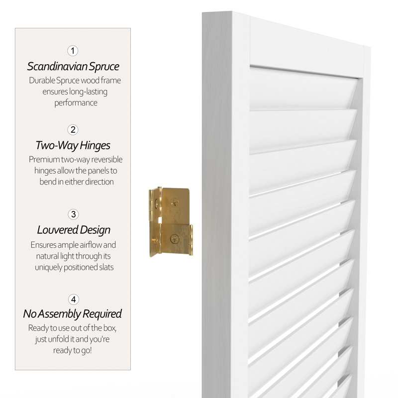 6 Ft. Tall Wooden Louvered Room Divider Walnut 3 Panel, White, 6