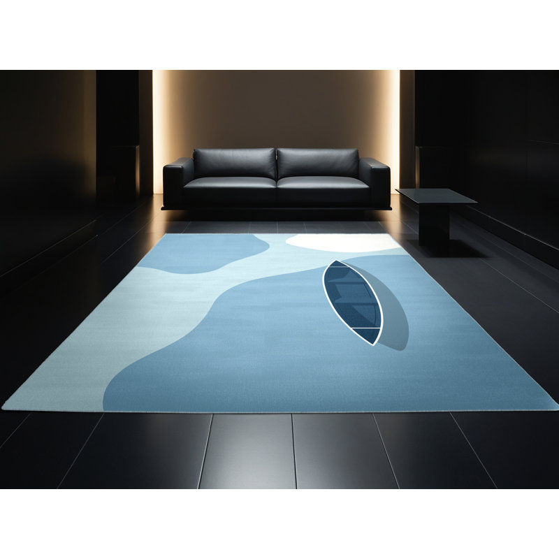 Machine Washable Hubbard Canoeing Lake Minimalist Rug in Blue – SkyBlue Binding, 8x12