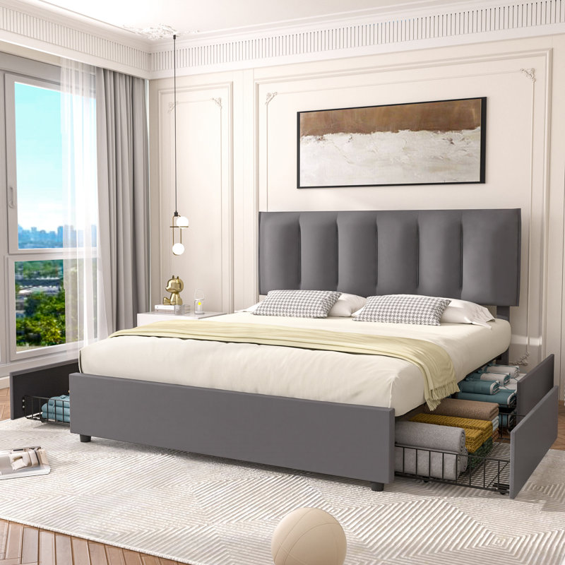 Orwhin Bed Frame 4 Drawers Storage, Upholstered Bed Frame with Velvet Adjustable Headboard Queen Full King Size Platform Bed Wood Support