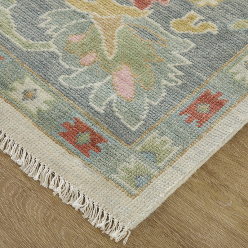 Karina Hand Knotted Wool Floral Area Rug in Blue/Gray/Rust/Gold, Rectangle 9'6" x 13'6"