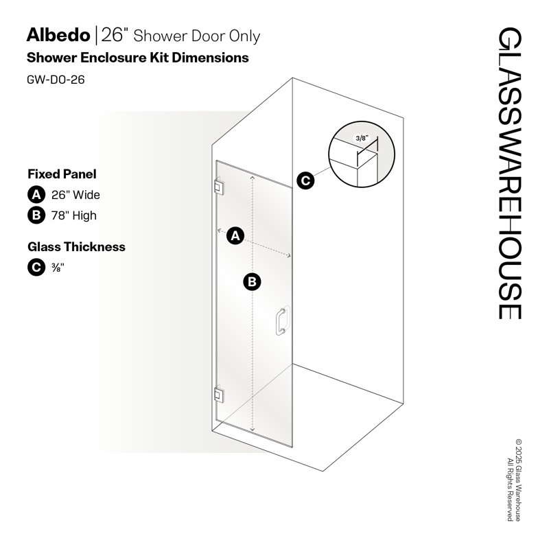 Albedo 26 in. x 78 in. Fully Frameless Hinge Shower Door, Matte Black