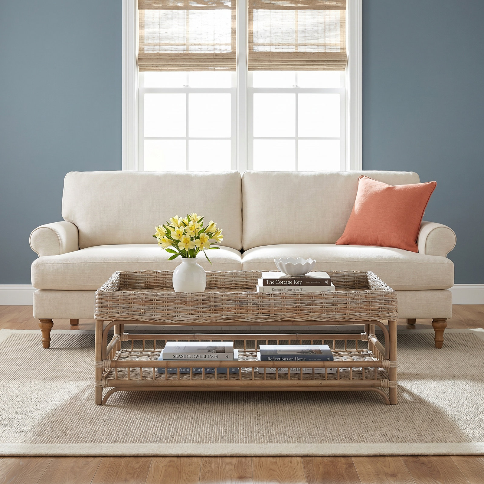 Raye Kubu Rattan Woven Tray Top Coffee Table in Natural Gray/Brown