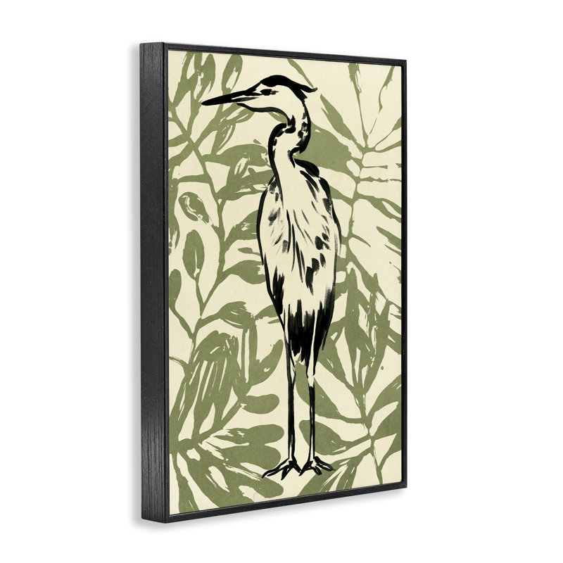 «Wild Heron & Leaves», art de la giclée encadrée par June Erica Vess, H 18 po x l 12 po, Giclée encadrée noir minuit