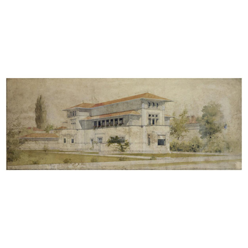 Isidore Heller House (vue en perspective). «Chicago IL» par Frank Lloyd Wright - Estampe numérique, H 32 po x l 40 po