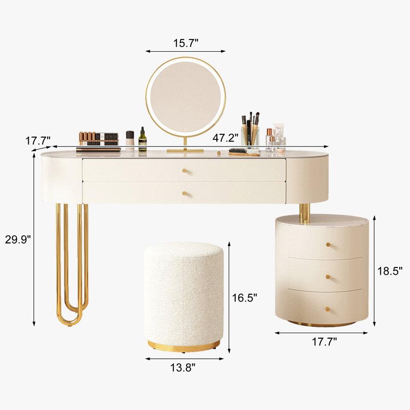 Jahnea Vanity-Elegant Set: Saddle Leather-Finished Top Vanity Table & Stool, Stainless Steel Support, Reversible Installation, and Dimmable LED Mirror