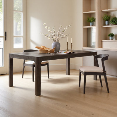 Table de salle à manger rectangulaire avec plateau de style parquet, coins arrondis, pieds courbés et pieds réglables