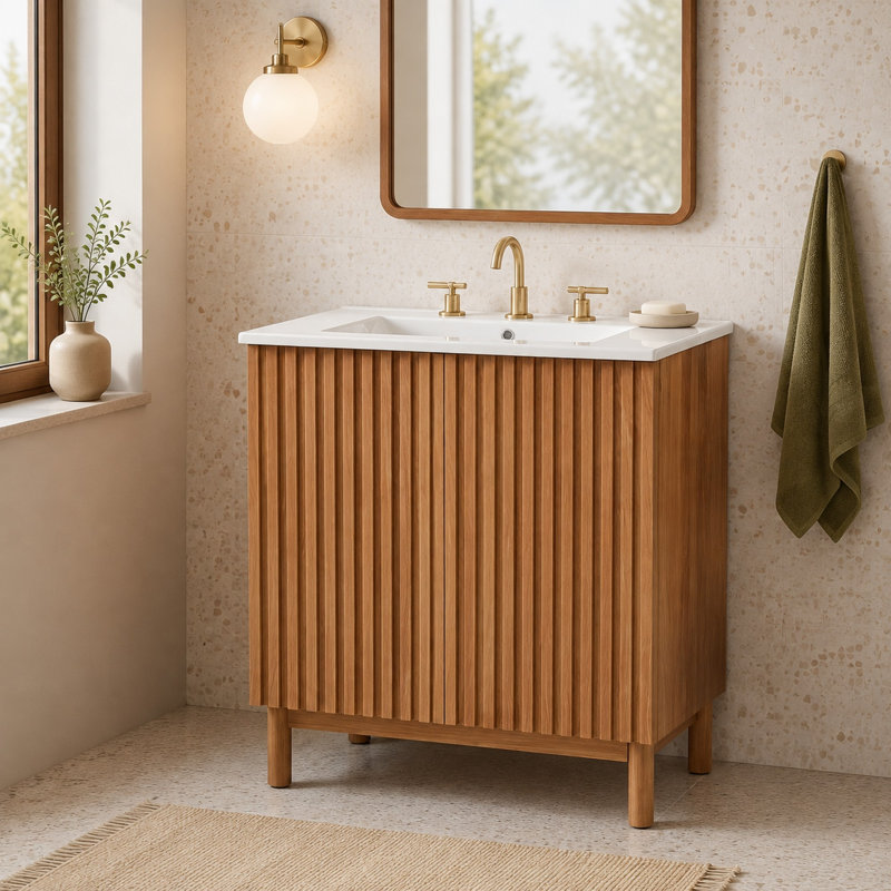Meuble-lavabo autoportant de 76 cm de largeur avec panneaux rainurés et dessus en céramique