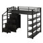Lit mezzanine double en métal avec tablettes de rangement, armoires et garde-robe, lit mezzanine peu encombrant avec garde-corps et escalier