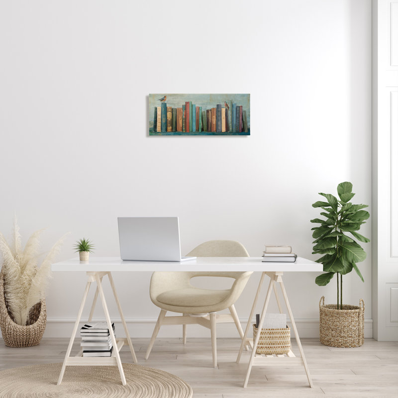 Books and Birds Green Blue Abstract Canvas Wall Art